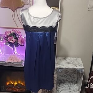 Silver and Navy Satin Midi Dress with Black Lace Trim